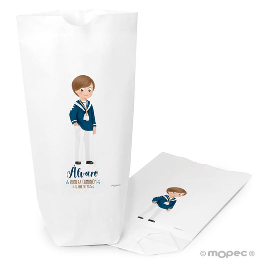 Bolsa papel bl. Com. marinero mano bolsillo12x21x5cm.,min.25
