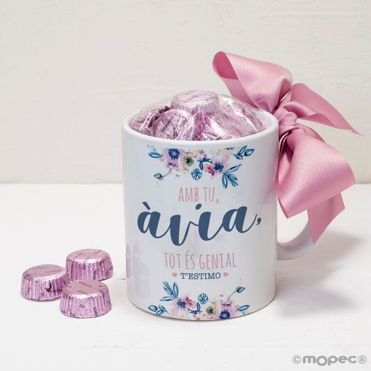 Taza cerámica Amb tu Àvia en caja regalo 6 bombones