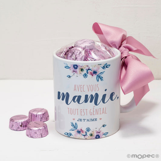 Taza cerámica Contigo Abuela en caja regalo 6 bombones, en francés