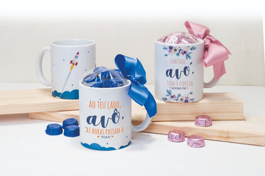 Taza cerámica Contigo Abuela en caja regalo 6 bombones en portugués