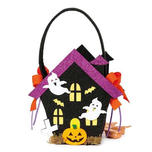 Cesto fieltro casa Halloween tejado lamé 10 caramelos