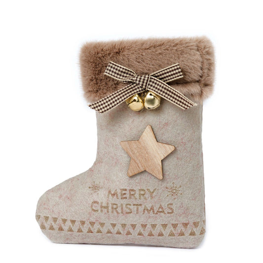 Calcetín beige 16cm. Merry Christmas estrella y cascabeles
