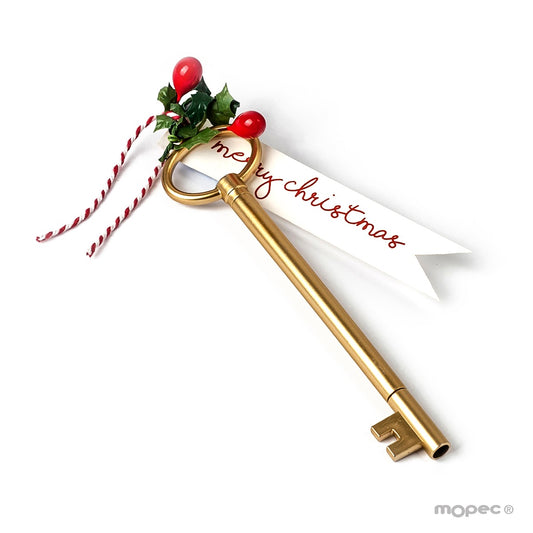 Rotulador llave dorada tarjeta merry c. adorno acebo 15cm.