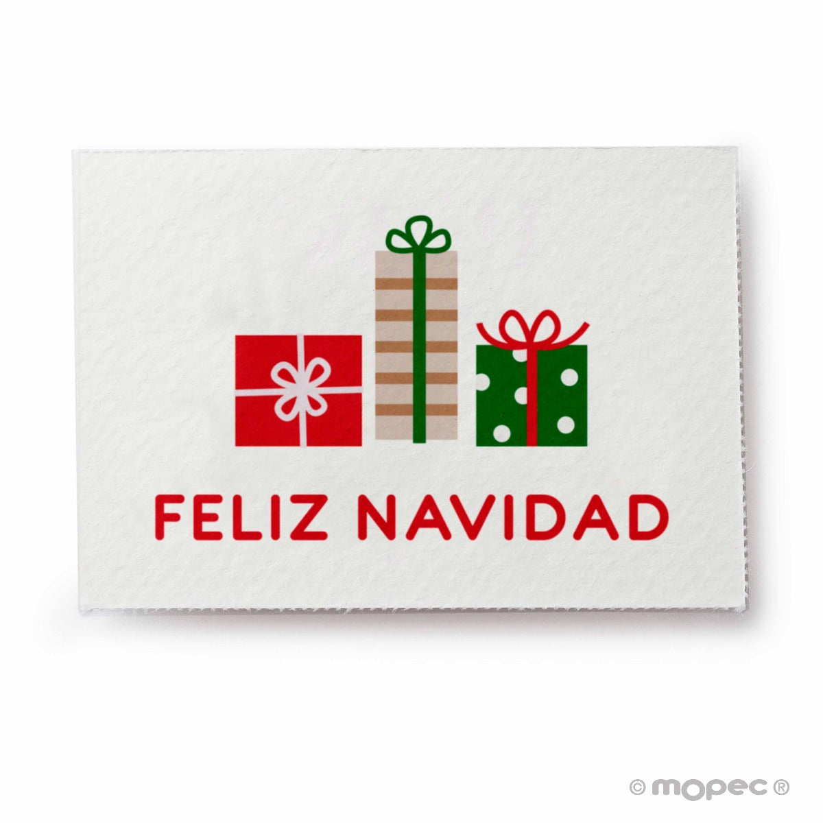 Tarjeta Feliz Navidad con regalos 5x3,5cm.1hj=36u.min5