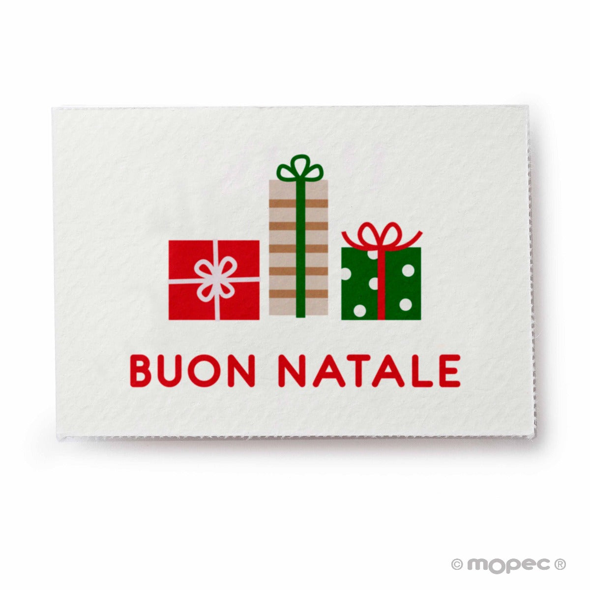 Tarjeta Buon Natale con regalos 5x3,5cm.1hj=36u.min5