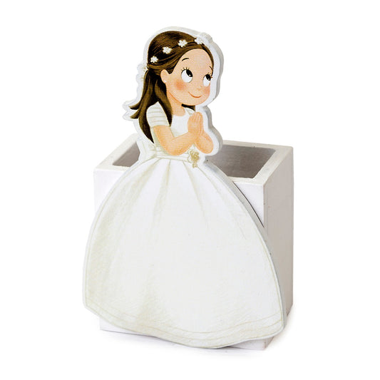 Portalápices madera niña comunión vestido largo 7x11x4,4cm