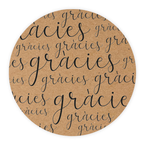 Etiq. adhesiva kraft Gràcies Ø3,5cm. 1hj=12u. min.10