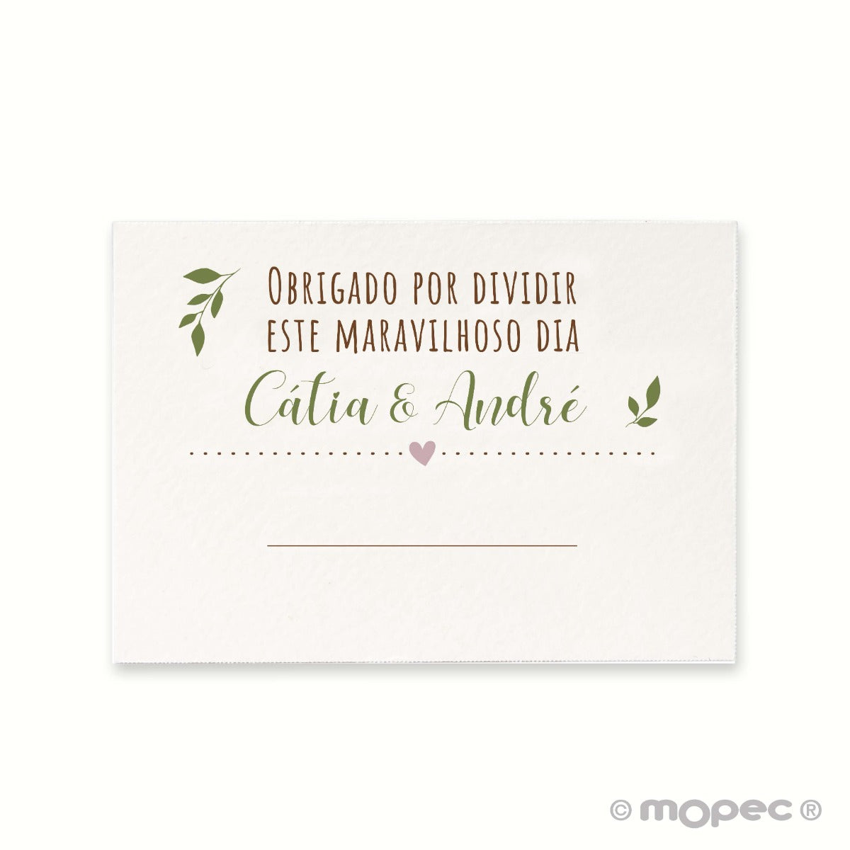 Tarjeta marca sitio Obrigado... 5,2x7,4cm.1hj=16u, min.5hj
