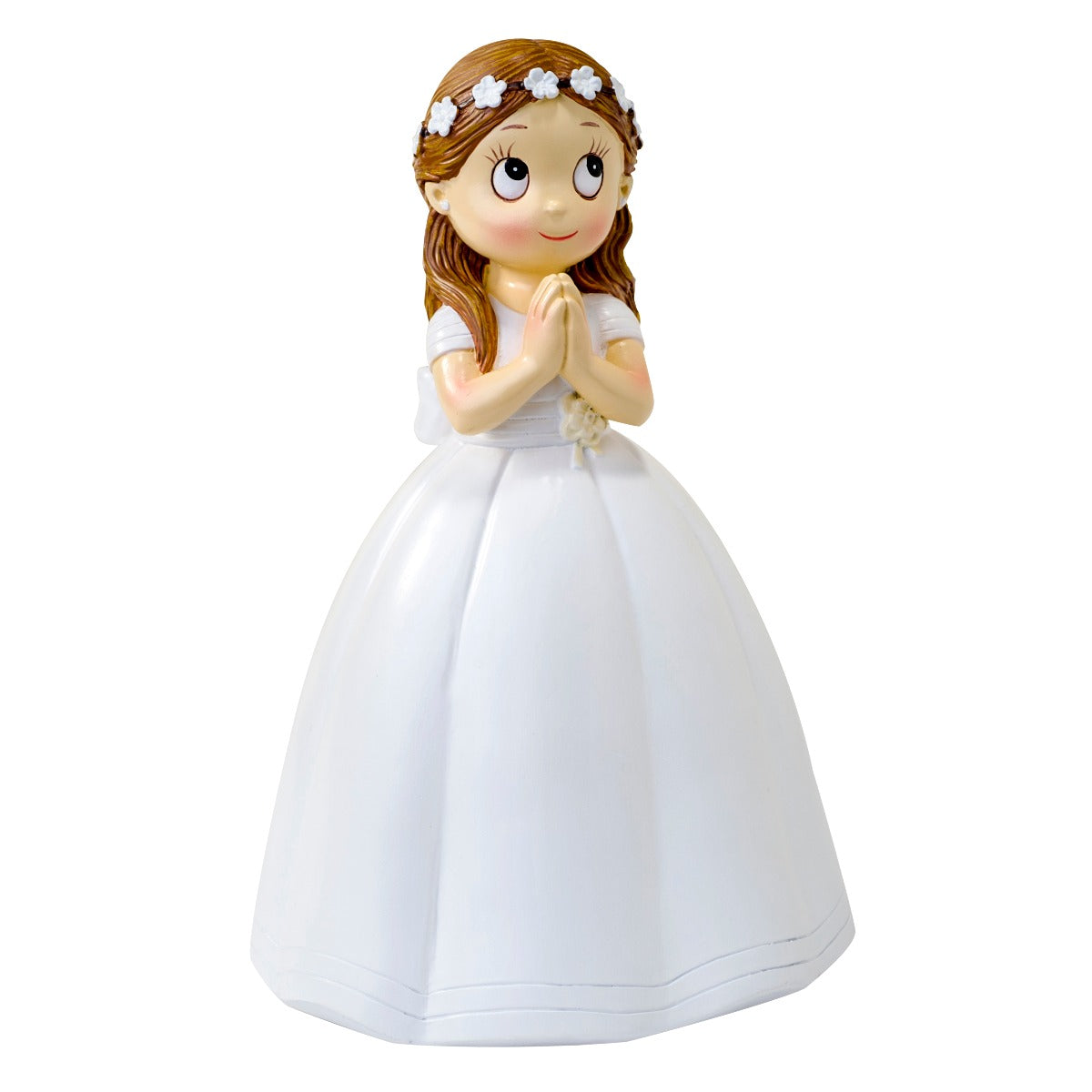 Figura comunión niña vestido largo y corona flores,16,5cm.